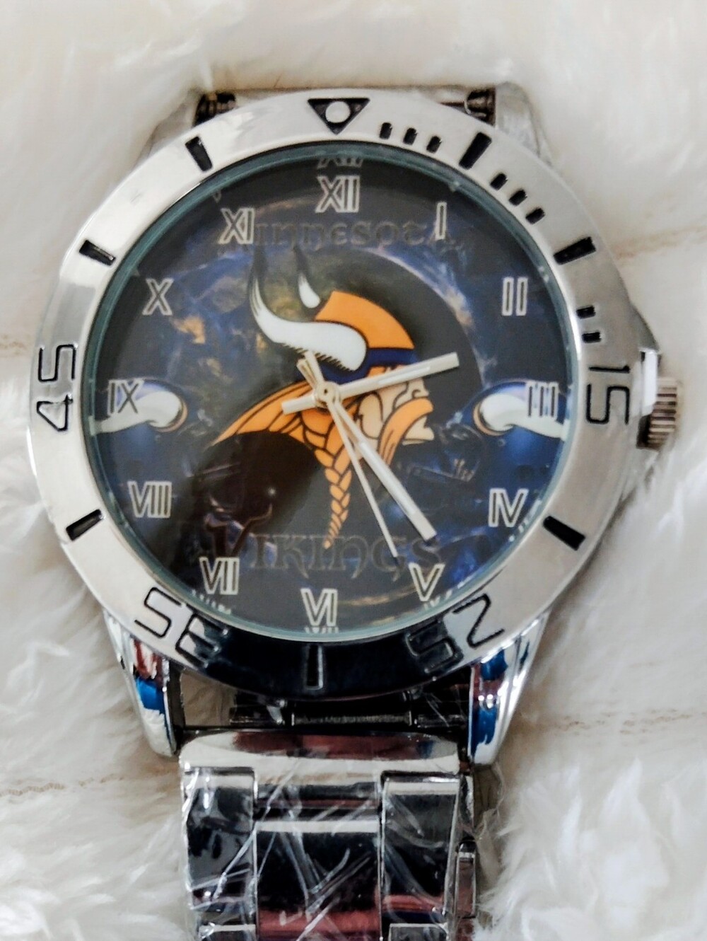 Minnesota Vikings Logo Stainless Steel Mens Watch - Silver with Purple/Gold Dial